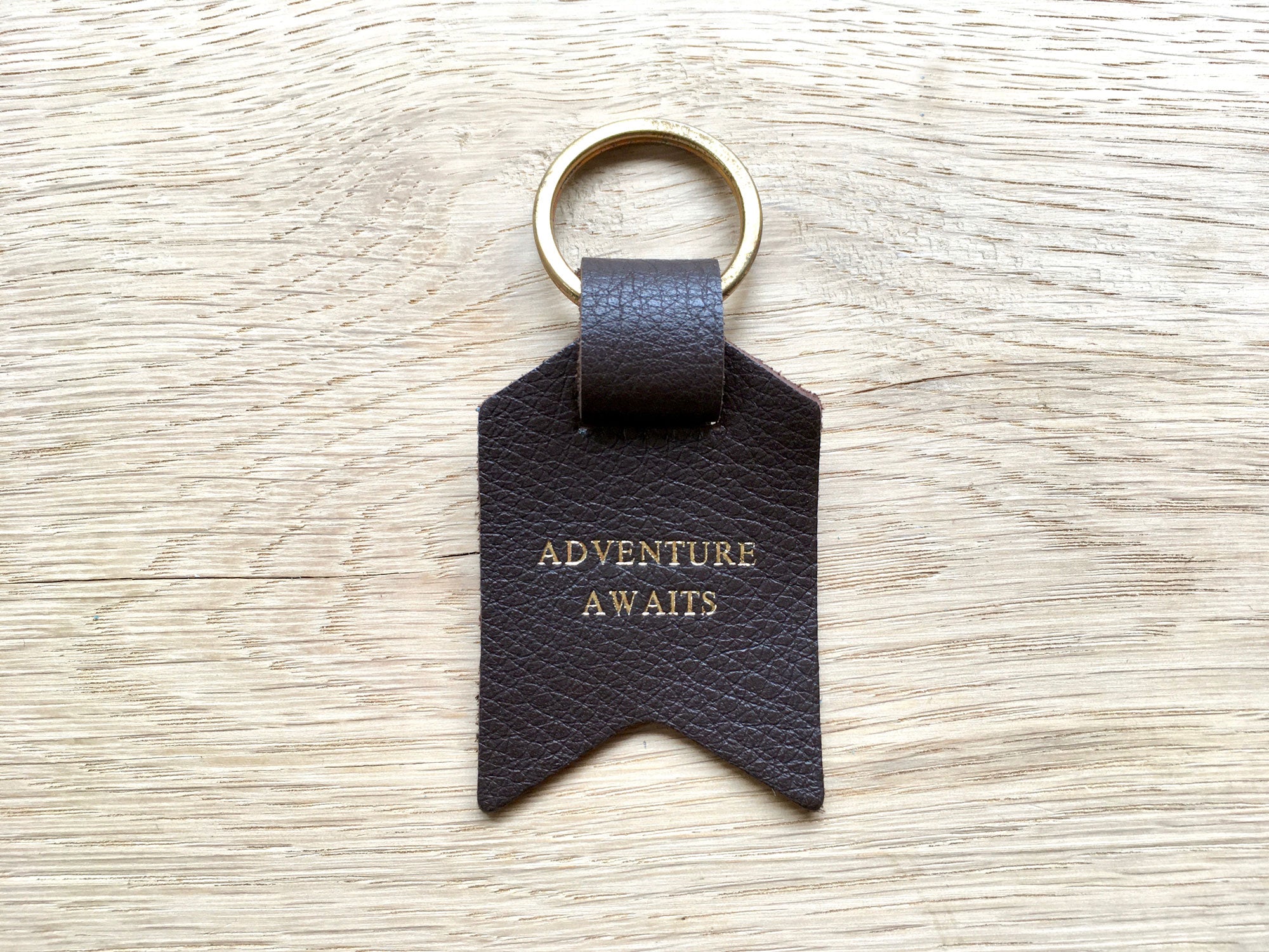 Also available – Adventure Awaits, Dark brown leather keyring