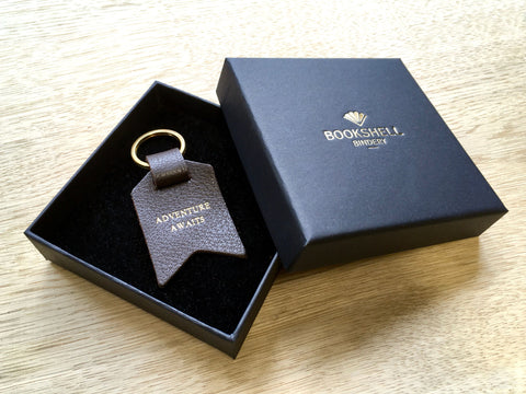 Second Sale – Adventure Awaits, Dark Brown Leather Keyring shown in gift box