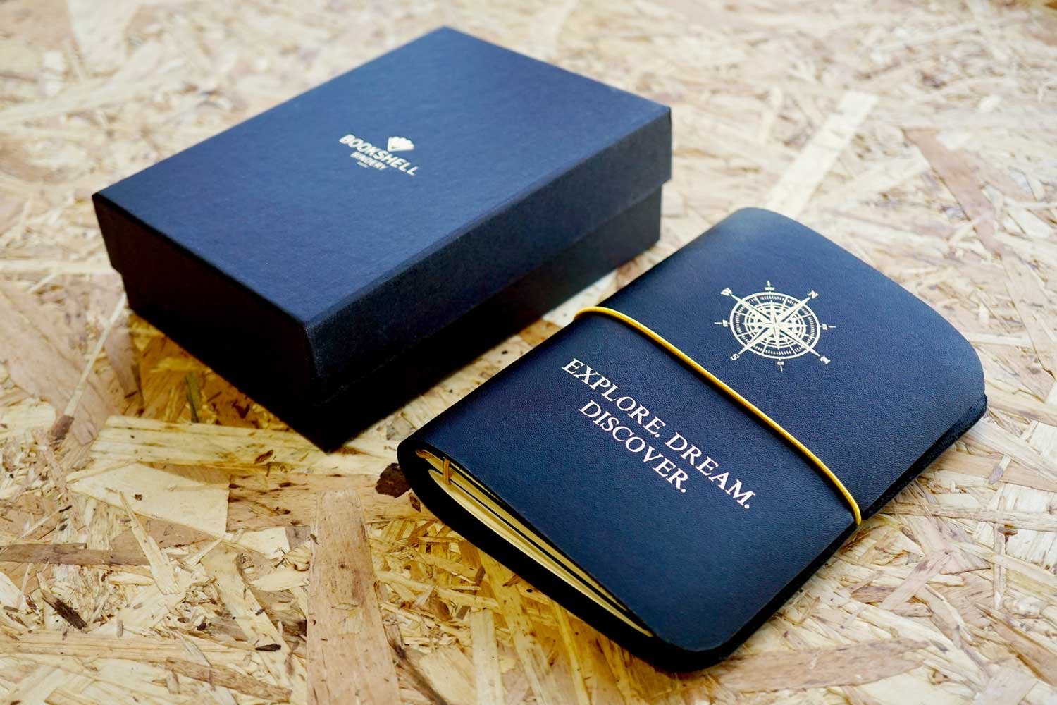 Never-ending journal, Explore. Dream. Discover; A6 leather travel journal with gold foiled compass on the cover