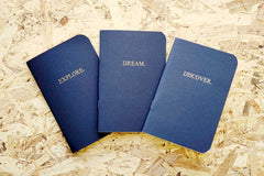 The 3 inner notebooks for our Never-ending journal, Explore. Dream. Discover; A6 with gold foiled on the cover