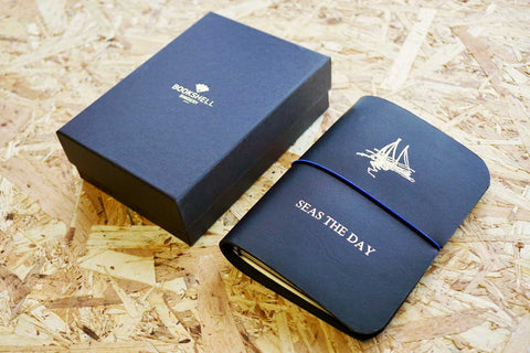 Never-ending journal - Seas the day, leather travel journal, A6 pocket size with boat illustration embossed in gold foil onto the cover