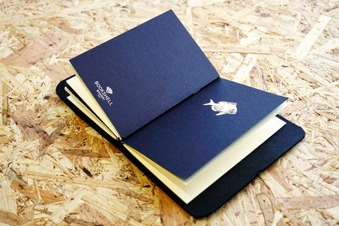 Never-ending journal - Seas the day, leather travel journal, with 3 A6 pocket size inner notebooks, this photo shows the fish illustration embossed in gold foil onto the cover