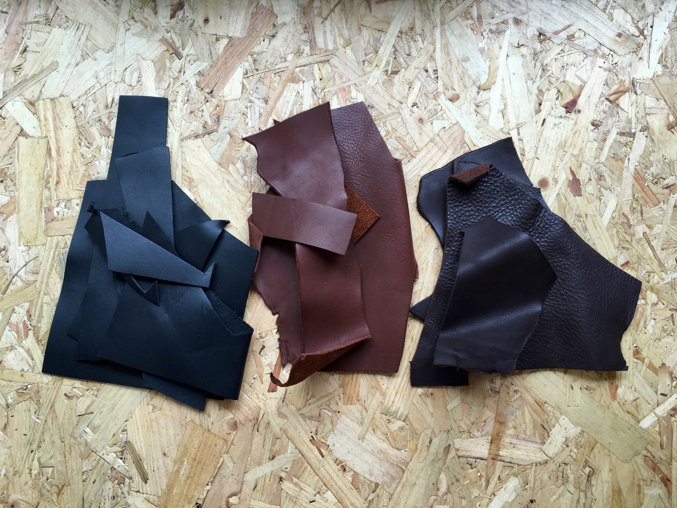 All available colours - black, light brown and dark brown, Scrap Leather Offcuts – Light Brown Cowhide Leather Pieces by Bookshell Bindery