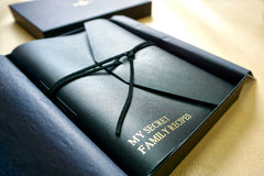 Leather journal personalised with My secret family recipes in black leather from Bookshell