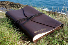 Leather journal personalised with Travel diary in dark brown from Bookshell