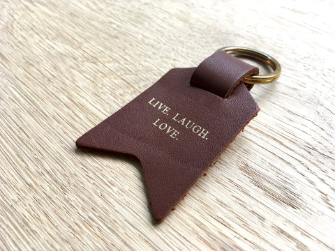 Second Sale – Live Laugh Love, Light Brown Leather Keyring shown in gift box