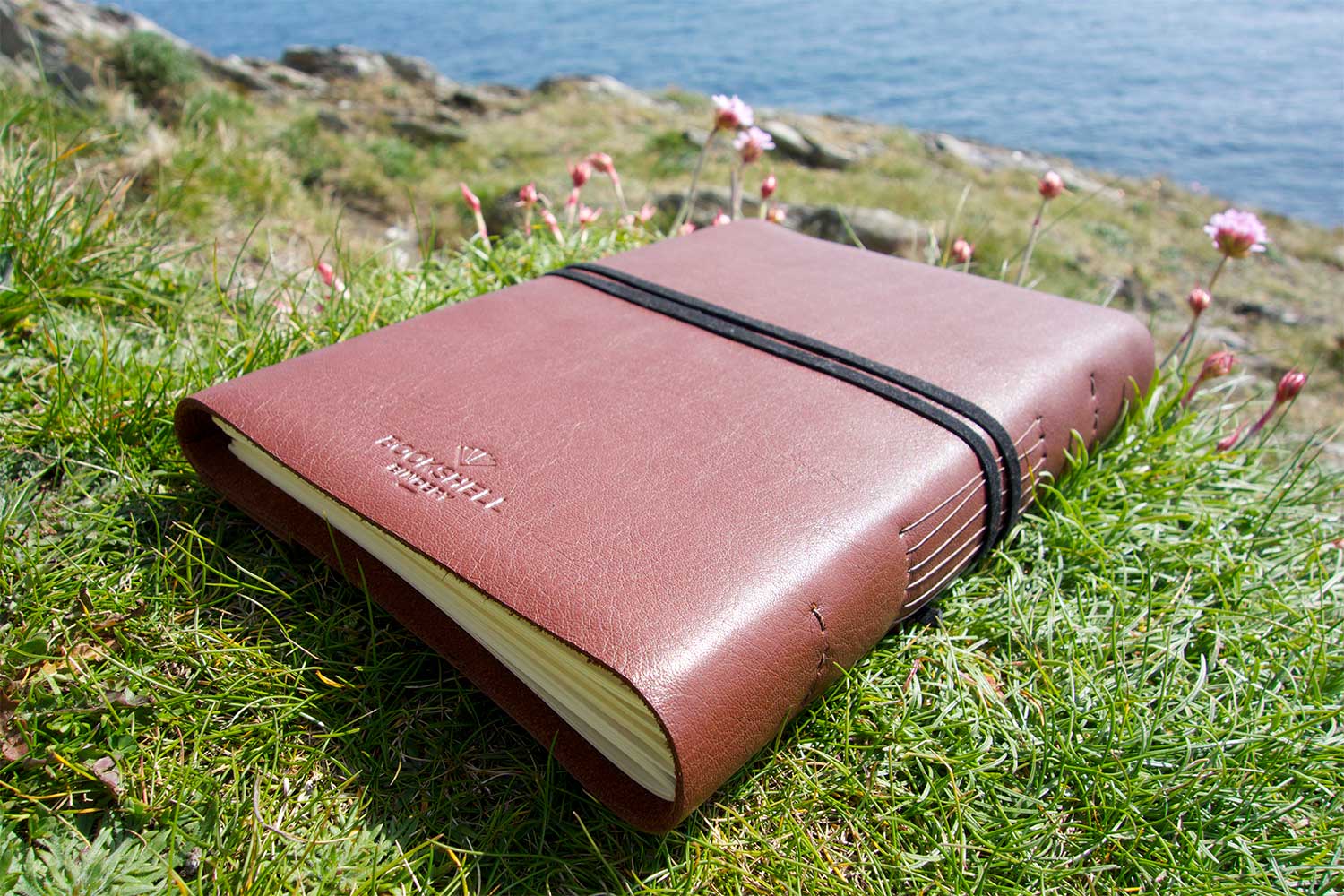 Men's journal in light brown leather from Bookshell bindery detail of the back cover