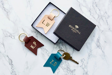 Monogram keychain from Bookshell bindery ready to gift in beautiful packaging
