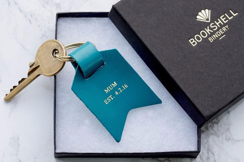 Mum keychain from Bookshell Bindery embossed with gold foil, Mum Est. date, in turquoise blue leather