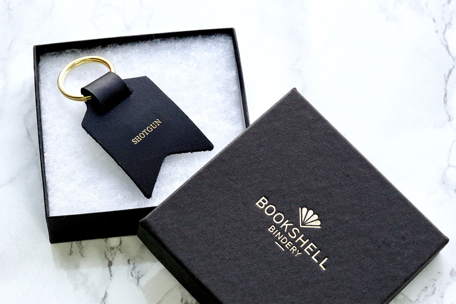 Mum keychain from Bookshell Bindery embossed with gold foil, shot, in black leather, ready to gift in beautiful packaging