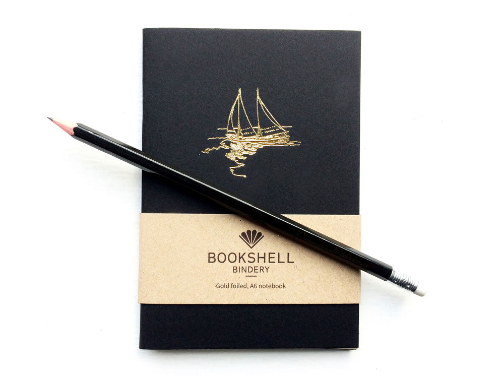 Pocket notebook with choice of gold foil picture and personalised pencil from Bookshell, boat