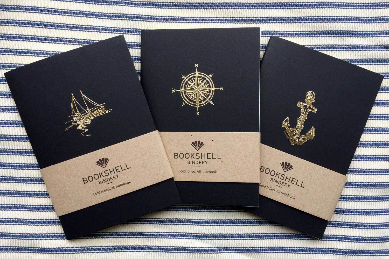 Pocket notebook with choice of gold foil picture from Bookshell, boat, compass or anchor