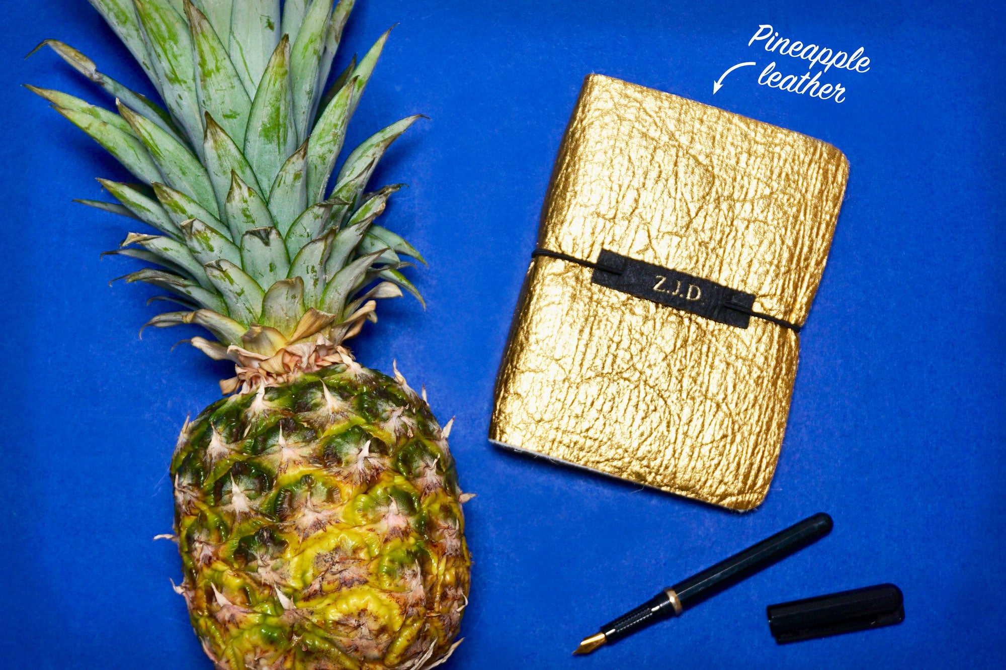 Gold textured Vegan Leather Journal made from Pinatex Pineapple leather from Bookshell Bindery, a great eco friendly gift