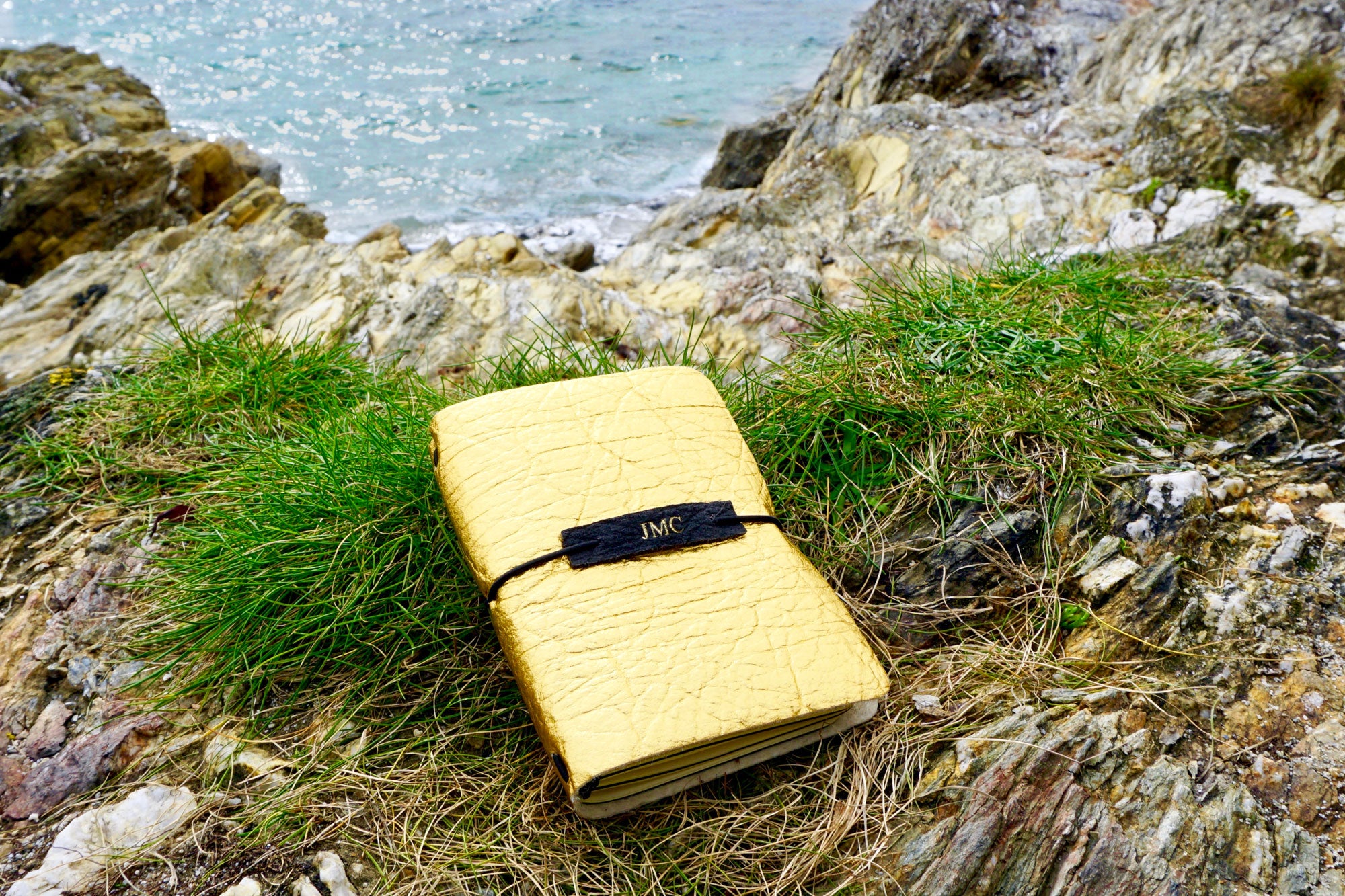 This is our gold textured Vegan Leather Journal photographed here at the edge of a cliff