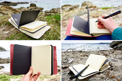 what3words Vegan Leather Journal in Pink pineapple leather shown here in use on the beach