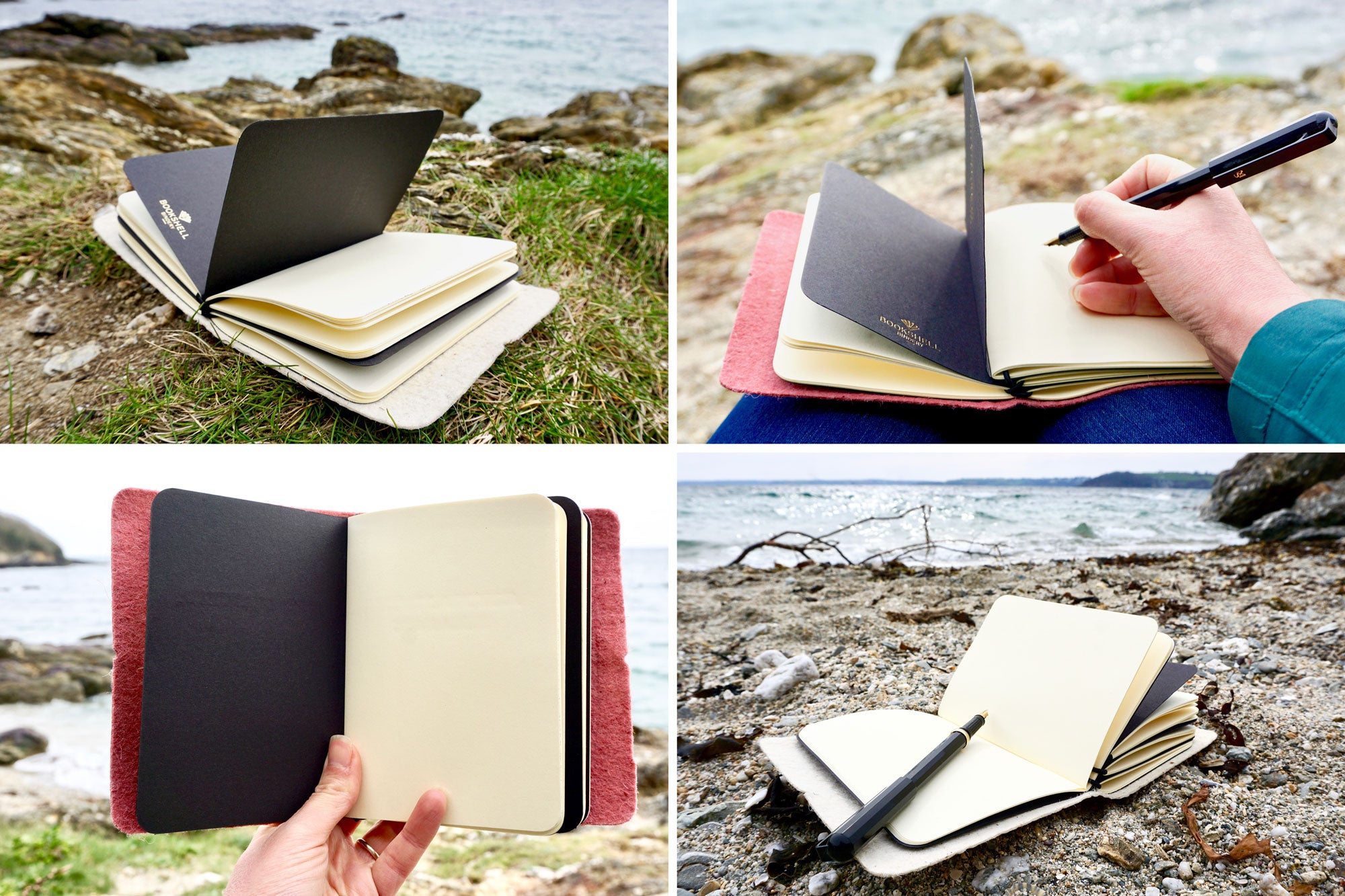 what3words Vegan Leather Journal in Pink pineapple leather shown here in use on the beach