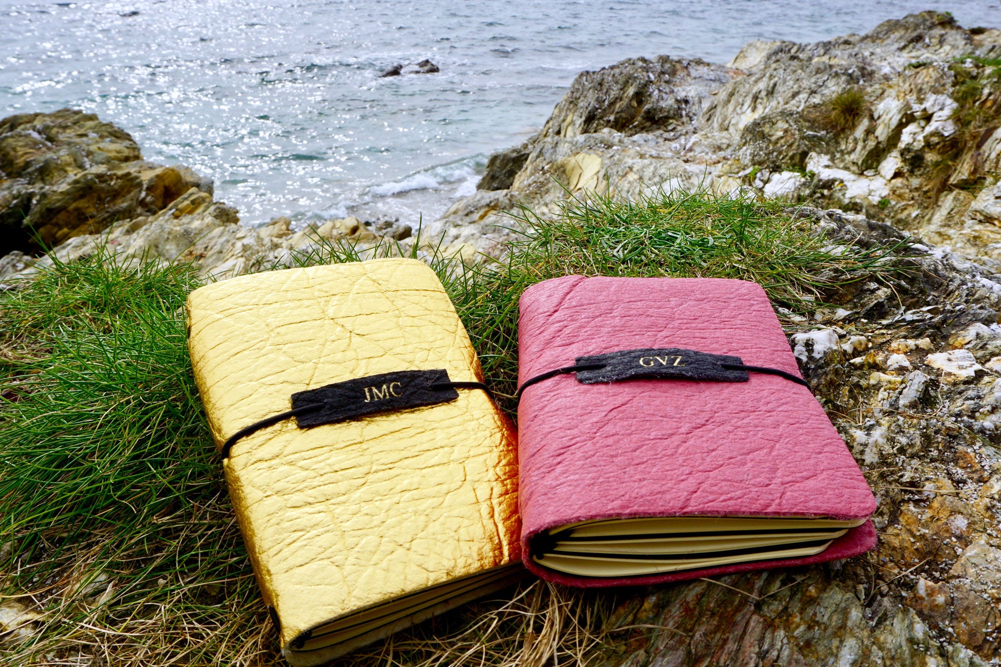 what3words Vegan Leather Journal shown here in gold textured and pink pineapple leather