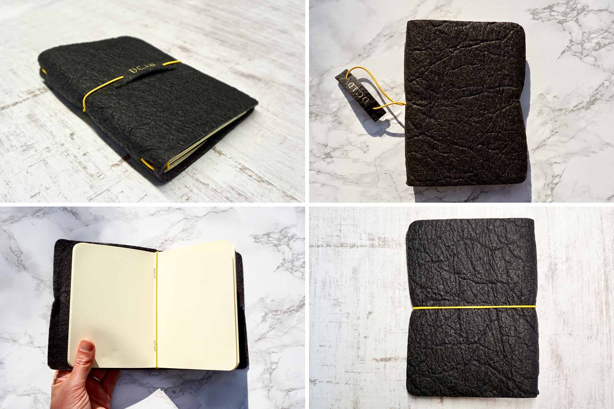 four photos showing how the what3words Vegan Leather Journal looks at each stage of being opened